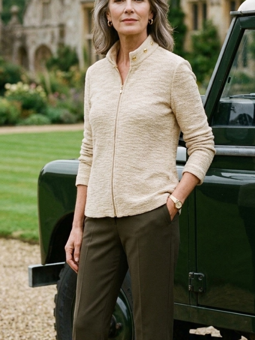 St. John Sport Textured Beige Knit Stand-Collar Zip-Up Jacket